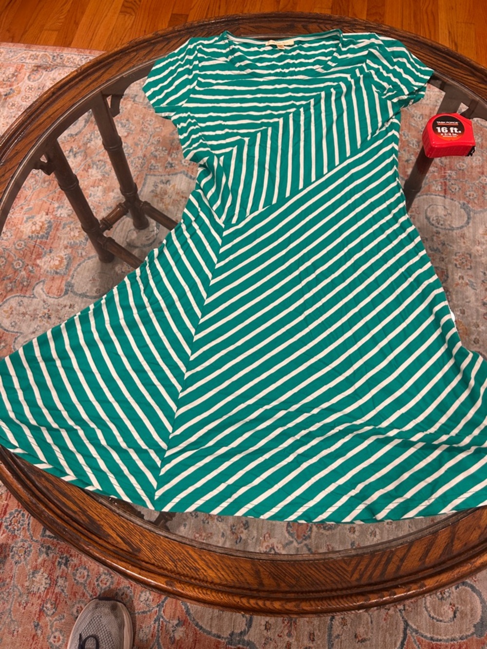 Skies Are Blue Green and White Striped Fit-and-Flare Mini Dress